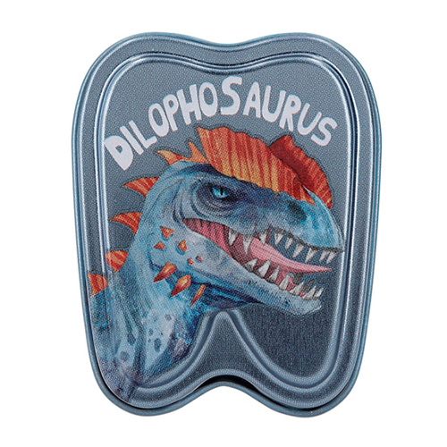 Plechová krabička Dino World Dilophosaurus, modrá